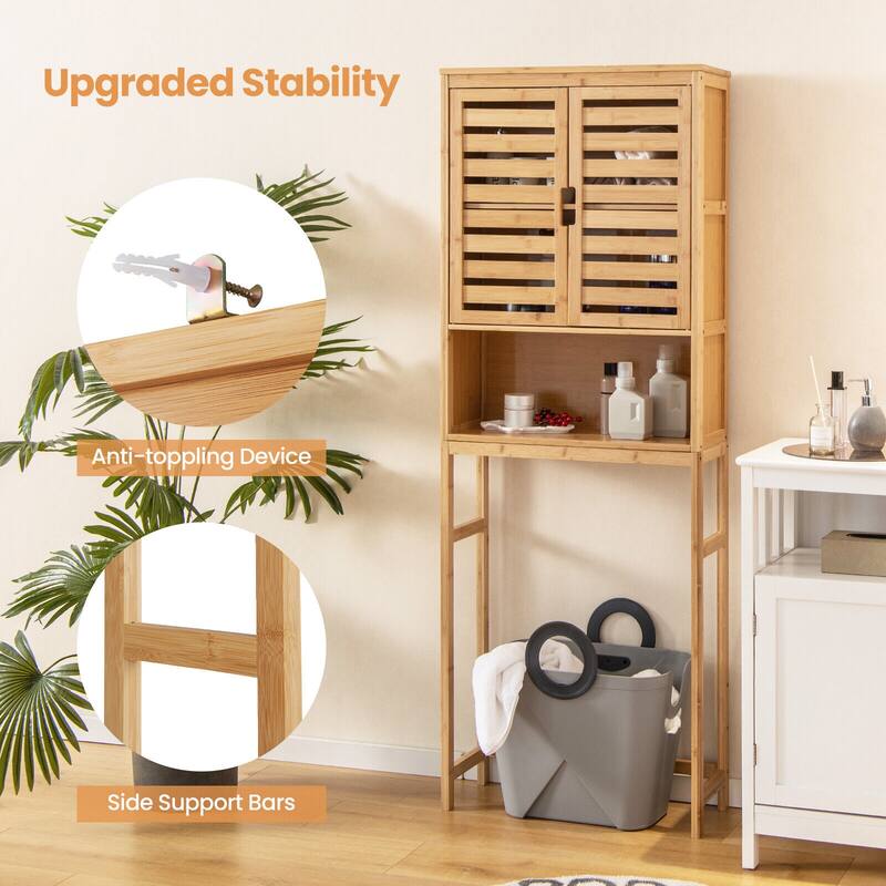 Space-Saving Wicker Bathroom Organizer with Closed Cabinet and Open Shelving for Toiletries - 24.5" x 9" x 67" (L x W x H)