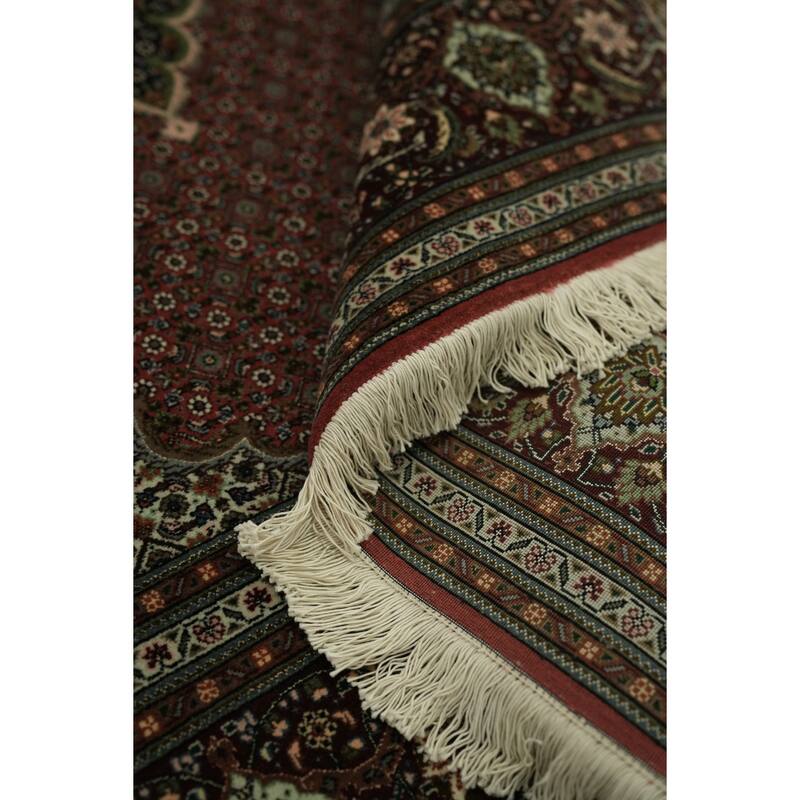 Hand Knotted Oriental Wool & Silk Carpet Traditional Geometric Red Tabriz-Mahi Area Rug - 10' 2'' X 6' 8''