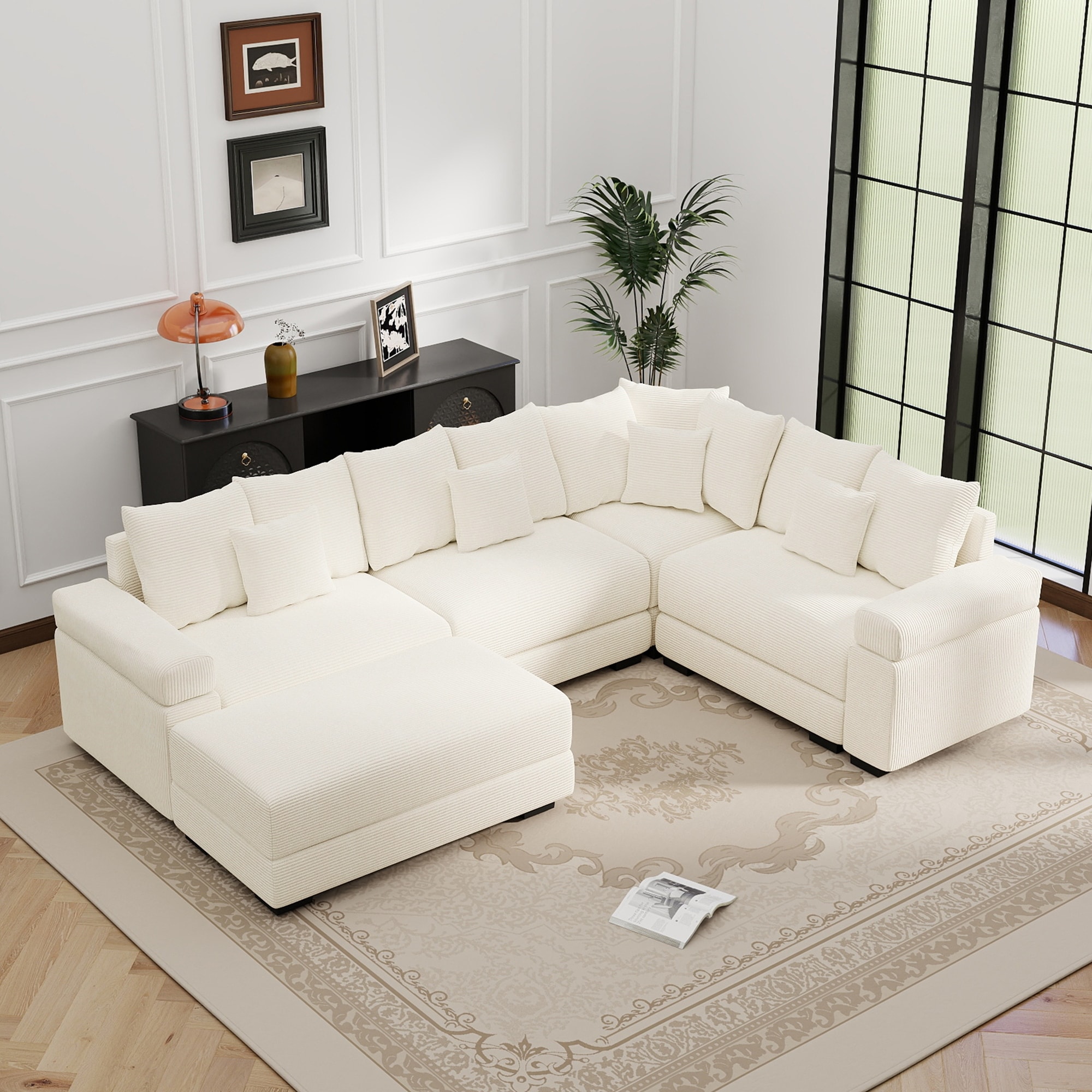 GDFStudio - Corduroy 5-Seater 116.9" Cloud Modular Sectional Couch with Ottoman
