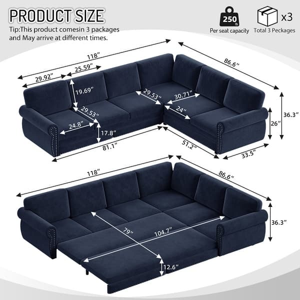 dimension image slide 9 of 13, Homy Casa Chenille Sleeper Sectional Sofa with Pull-Out Bed
