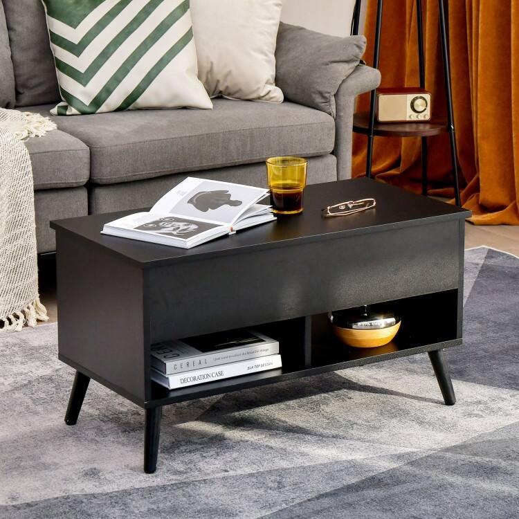 31.5 Inch Lift Top Coffee Table with Hidden Compartment and 2 Storage Shelves - 31.5" x 15.5" x 17.5" (L x W x H)