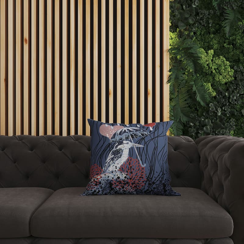 Blue And Red Bird with Umbrella Faux Suede Throw Pillow Zipper