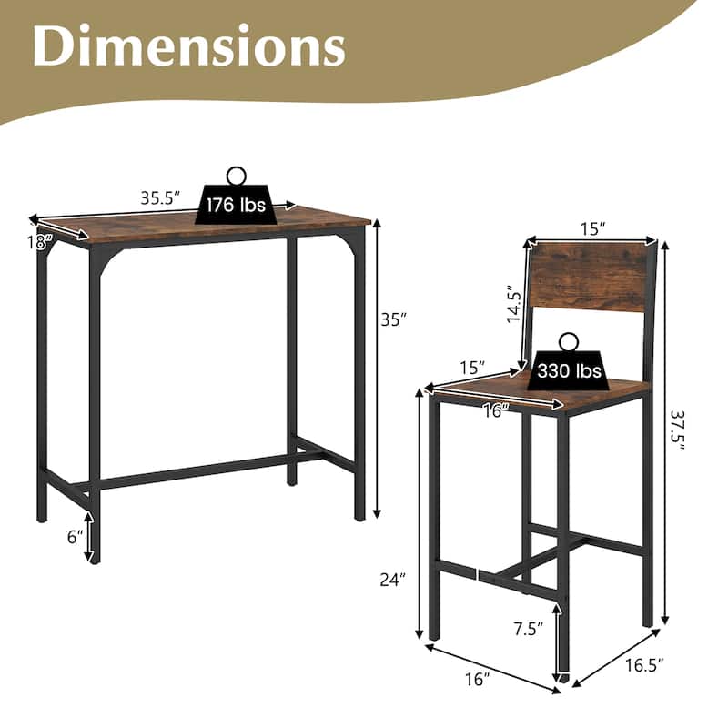 3 Pcs Bar Table Set with Chairs Backrest Footrest for Small Dining Space - 35.5" x 18" x 35"