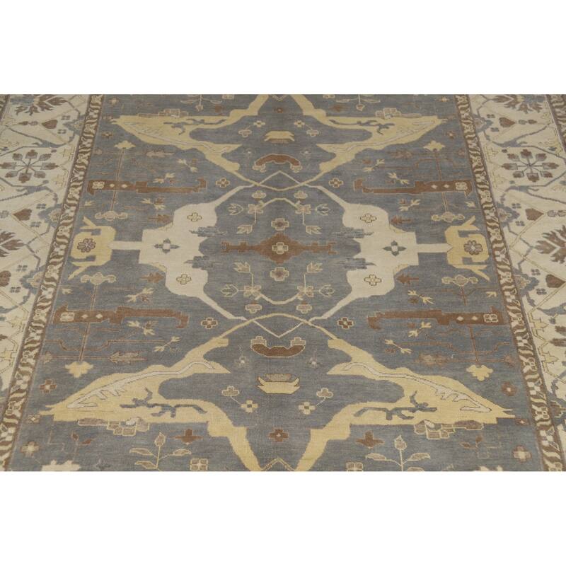 Gray Oushak Indian Large Rug Handmade Gray Floral Wool Carpet - 11'10" x 14'9"