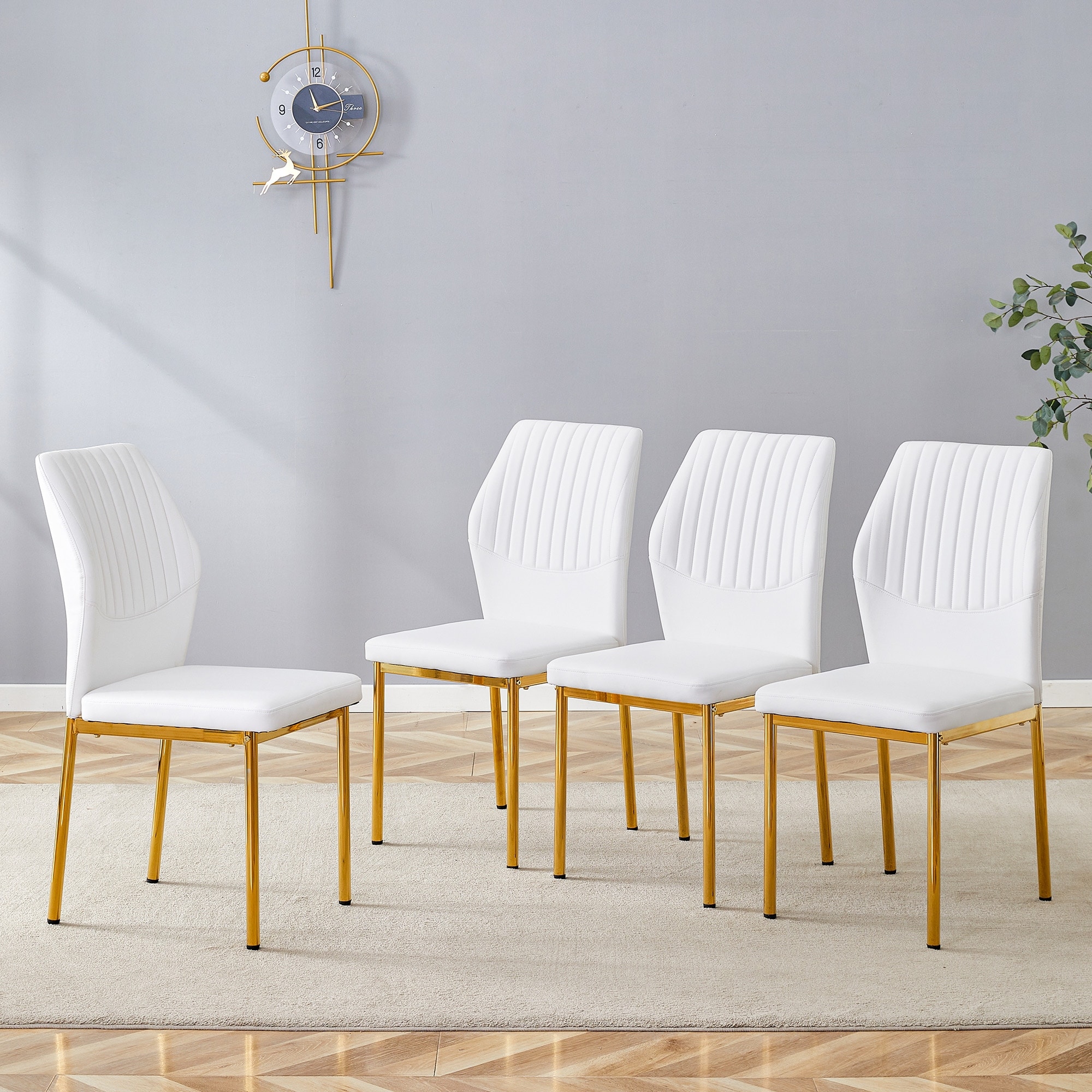 Luxury Simple Chair-Set Of 4 Pu Material Dining Chair With Metal Leg.The Chair Back Has A Vertical Stripe Design