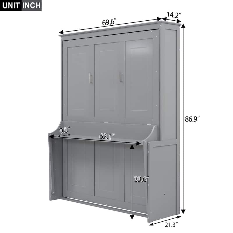 Queen Size Murphy Bed with a Shelf, Gray