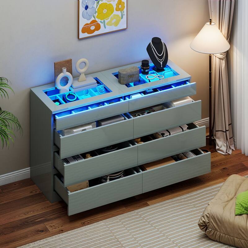 Moasis 8 Drawer High Gloss Dresser with RGB LED Light for Modern Bedroom Storage