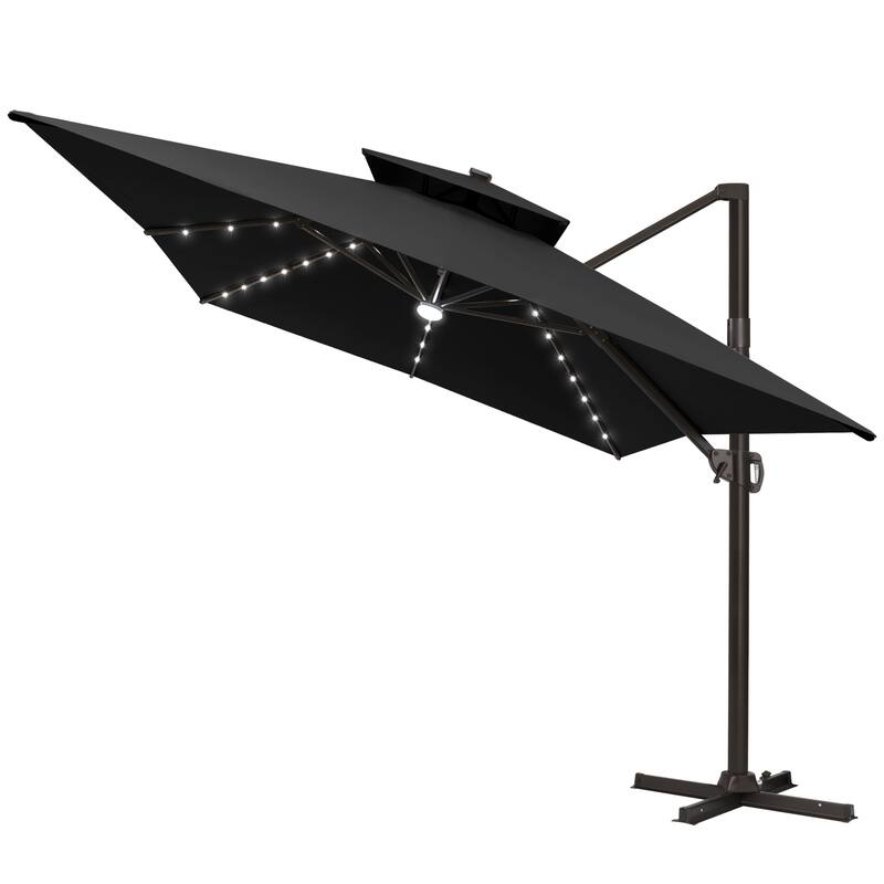 10 X 13 FT Outdoor Patio Cantilever Umbrella with Solar Lights Double Canopy 360 RotationTilt
