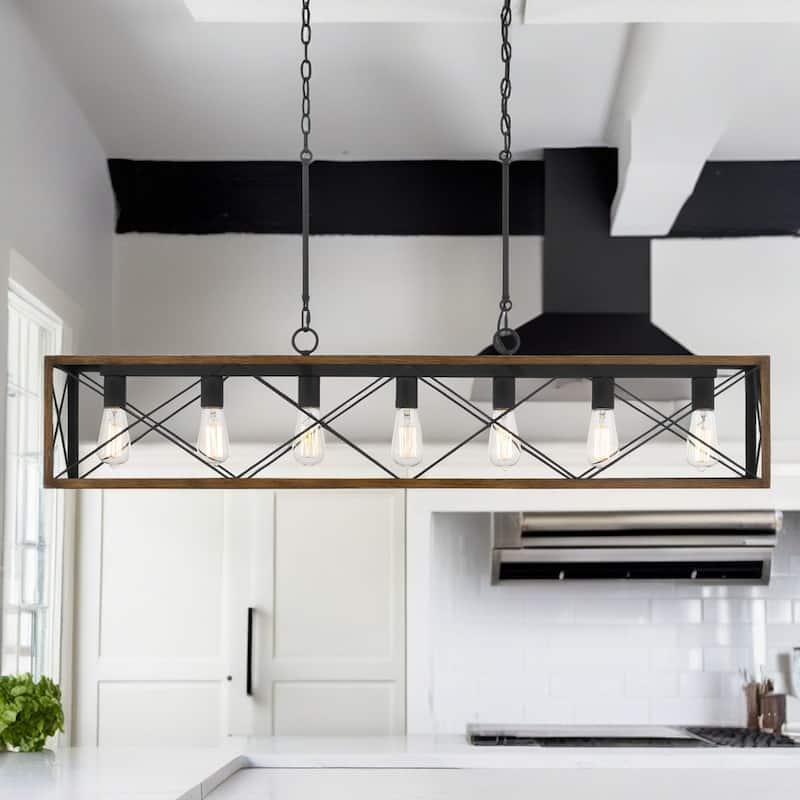 7-Light 48In Linear Modern Farmhouse Kitchen Chandelier - 48'' - Pine Wood