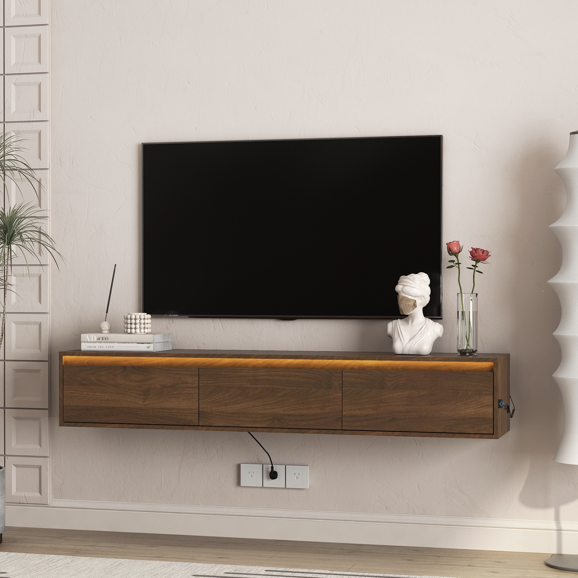 Floating TV Stand,Wall Mounted TV Shelf with Led Lights & Power Outlet,High Gloss TV Cabinet for Wood tv Stands for Living Room
