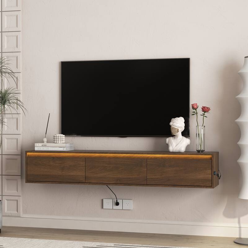 Floating TV Stand Cabinet with LED Lights, Wall Mounted TV Console with Power Outlet
