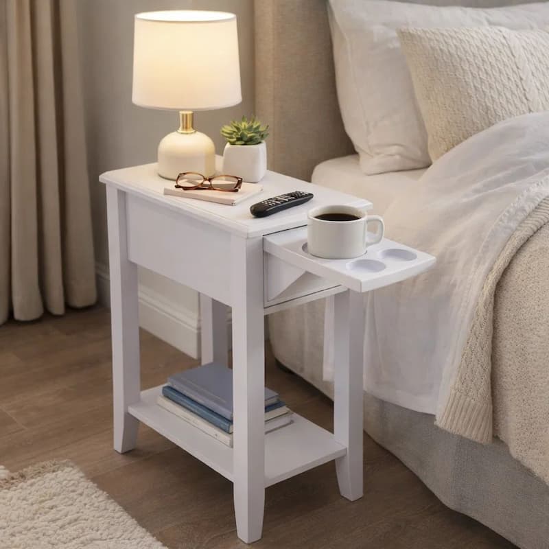 24 Inch Modern Chairside Table with Extendable Drawer and Cupholders, White