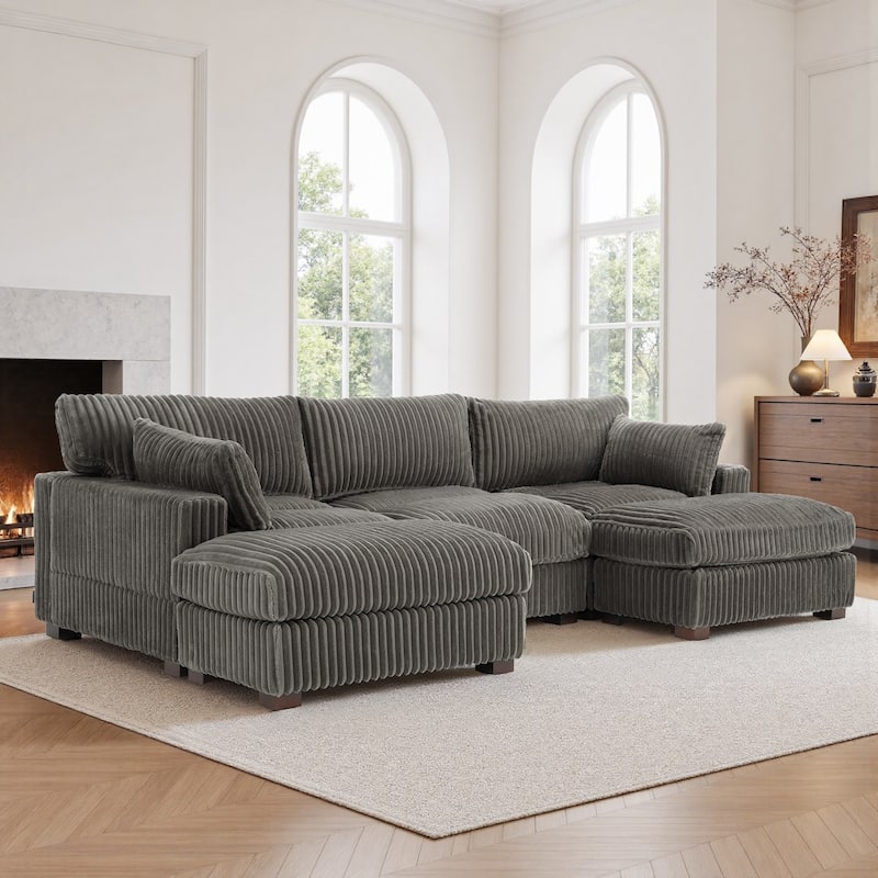Modern Oversized Plush Corduroy Modular Sectional Sofa with 2 Ottomans - Light Grey-5 Pieces - Symmetrical
