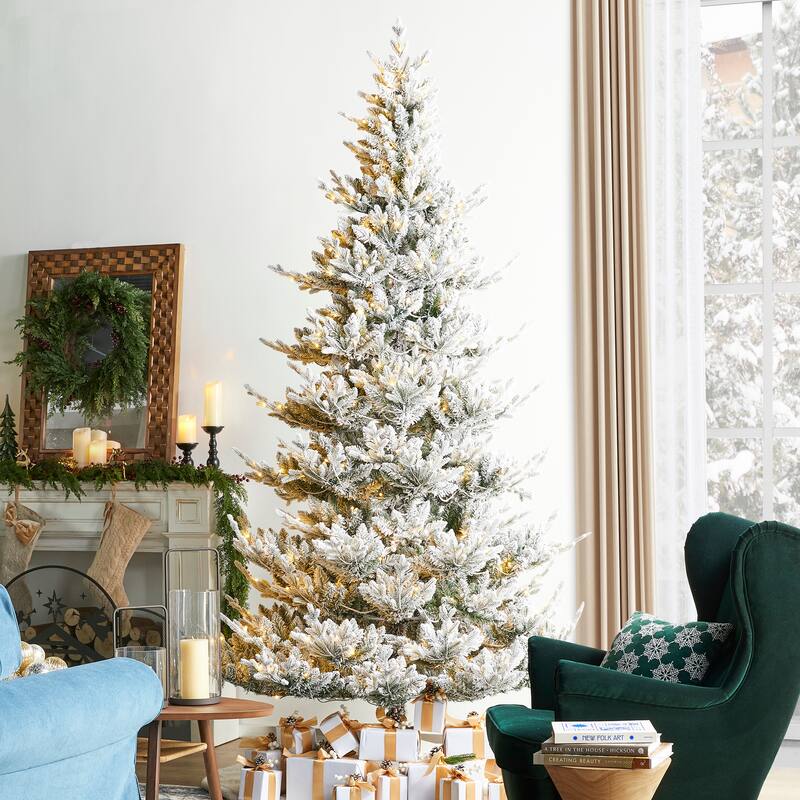 Glitzhome 7.5ft/9ft Pre-Lit Flocked Upward Slim Fir Artificial Christmas Tree with Remote Control - 9FT