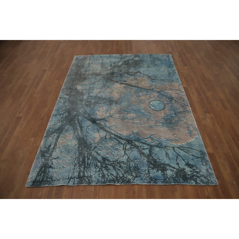 Hand Knotted Oriental Viscose Silk Carpet Modern Pictorial Navy Blue & Blues Abstract Area Rug - 7' 2'' X 5' 3''