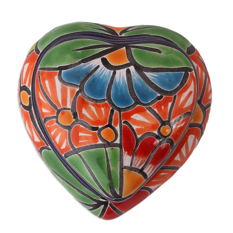 Handmade Floral Heart Ceramic Decorative Box (Mexico) - 2.2" H x 3.3" W x 3.6" D