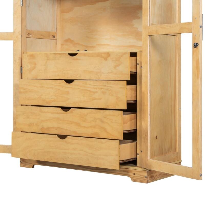 75" Tall Pine Wood Kitchen Pantry Cabinet with Glass Doors Four Drawers and Anti-Tipping Safety Features