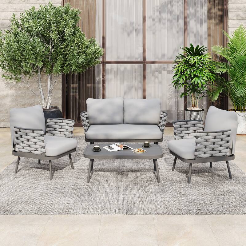 Roomfitters Steel 4-Piece Outdoor Conversation Set with Woven Rope Armrests and Cushions - Gray+Gray