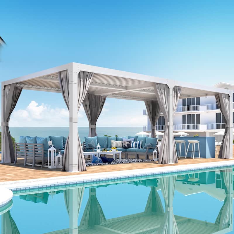EROMMY 12x24 Adjustable Louvered Pergola with Curtains and Netting, Hardtop Outdoor Patio Gazebo with Metal Roof - 12'X24' - White