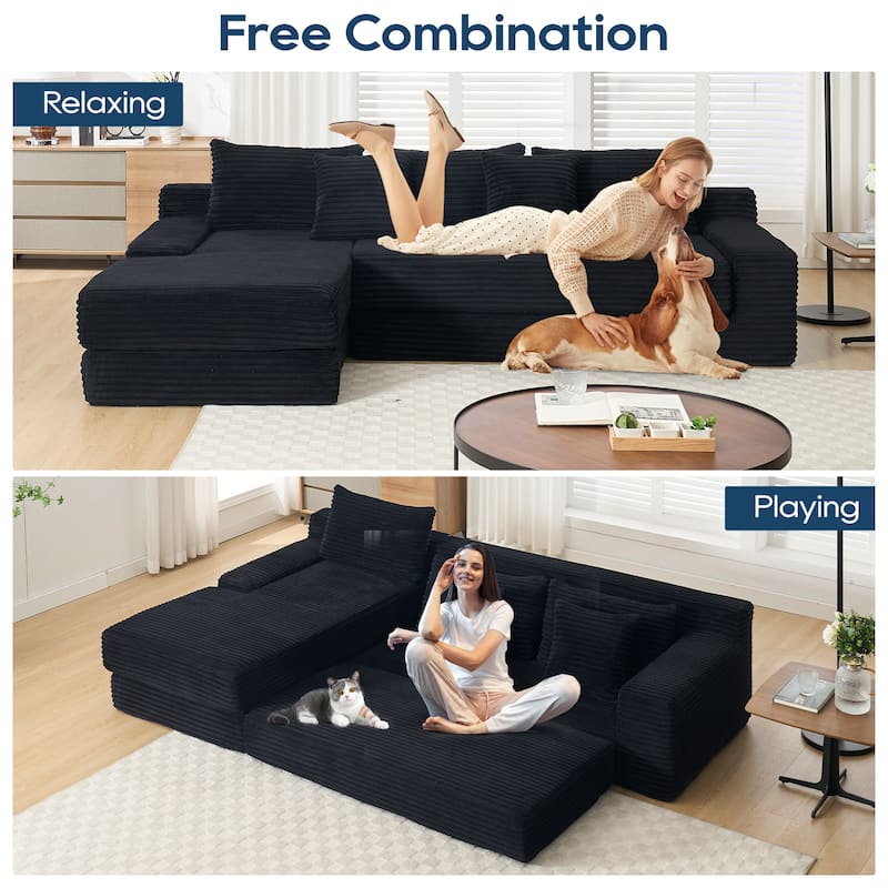 Light Corduroy L-Shaped Sectional with Memory Foam, Sofa Bed