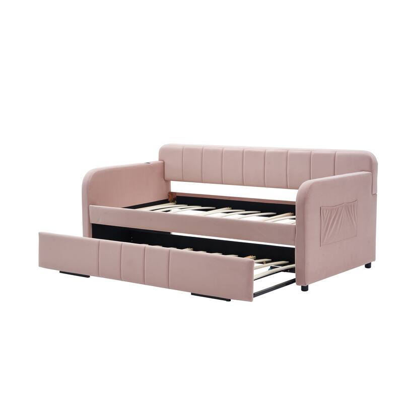Twin Size Velvet Upholstered Daybed, Wood Sofa Bed Frame Daybed Couch with Trundle Bed and Wood Slat