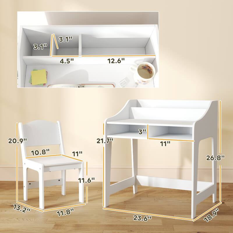 Qaba Kids Desk and Chair Set, Children Study Table with Storage and Shelves, Student Writing Desk, Natural Wood