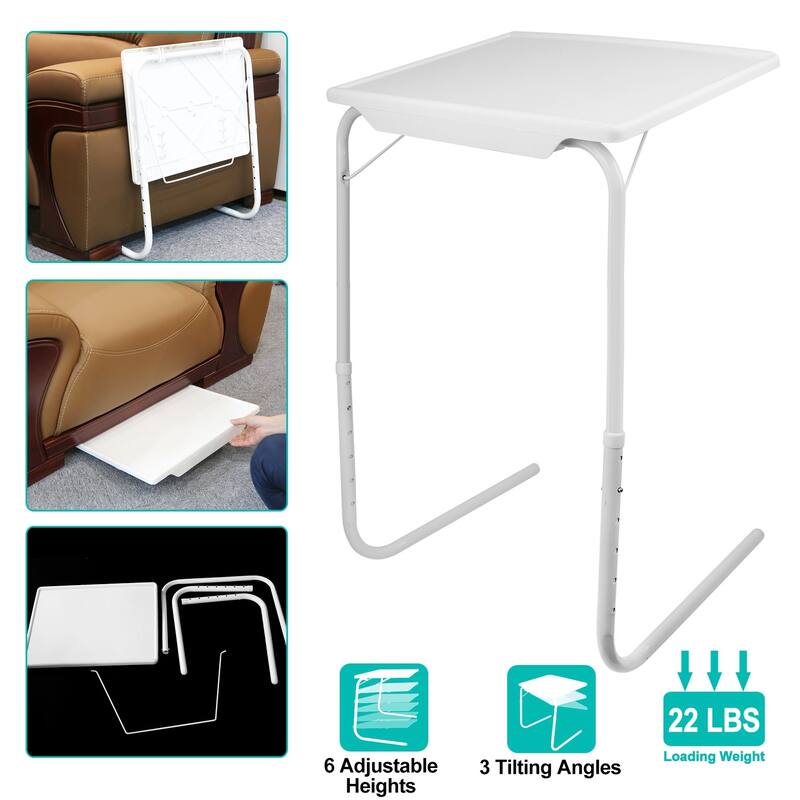 White Foldable TV Tray Table with Adjustable Angles and Lightweight Portable Desktop for Home