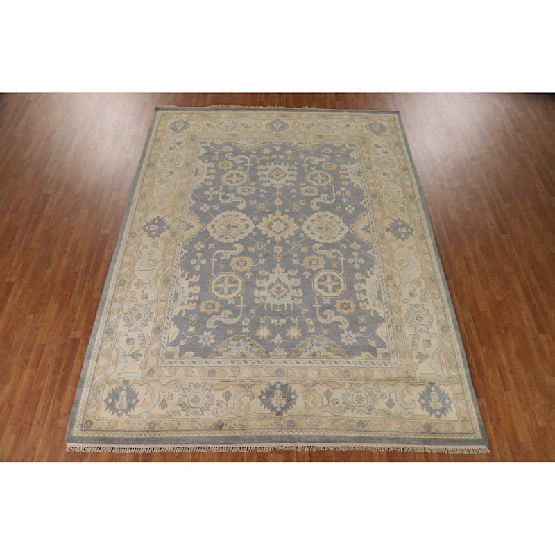 Blue Oushak Area Rug Handmade Oriental Wool Carpet - 9'1"x 11'9"