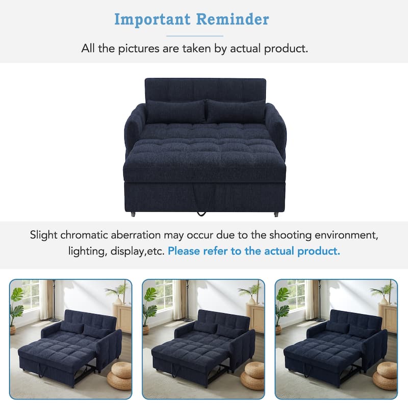Chenille Loveseat Sofa Pull-out Sofa Bed, Upholstered Futon Sofa Adjustable Backrest Lounge Couch w3 USB Ports & 2 Pillows
