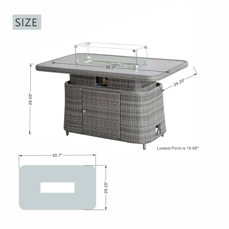 50,000 BTU Adjustable Height Aluminum Propane Fire Pit Table with Faux Stone Glass Top and Wind Guard