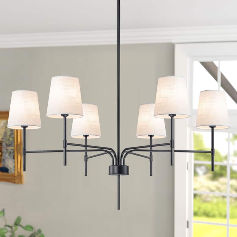 Starsky Transitional & Modern Chandelier with White Fabric Shades - 6-Light - Matte Black