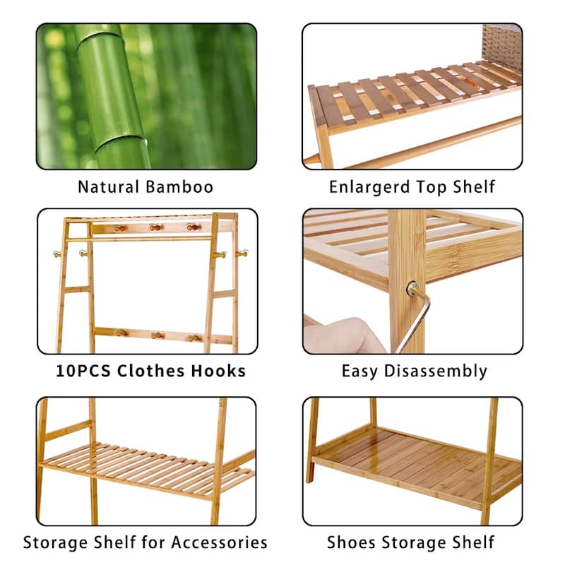 Bamboo Garment Rack Clothes Shelf Shoes Storage with Hooks