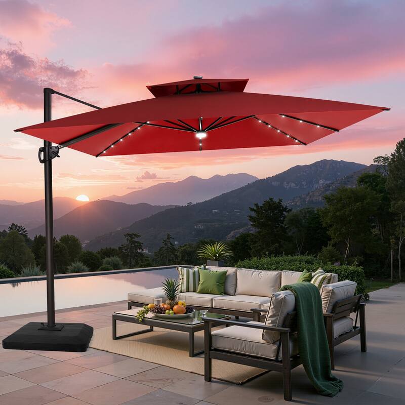 Outdoor Solar-Powered LED Light 11 FT Aluminum Cantilever Umbrella with Double Top and Base - Red