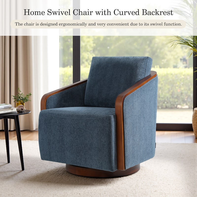 Upholstered Swivel Barrel Chair with Curved Wood Arms