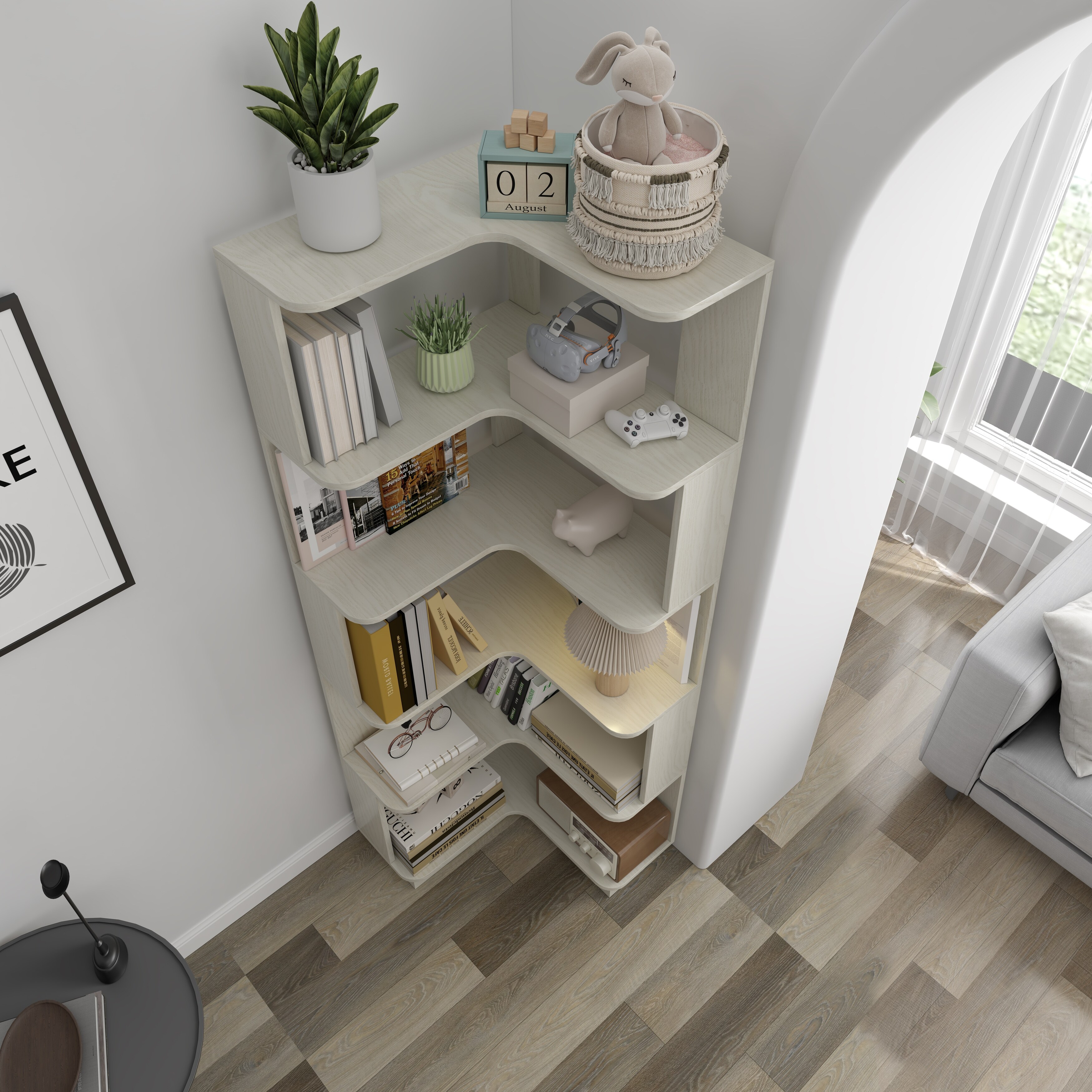 6 Tier Freestanding L-Shaped Corner Bookshelf For Living Room