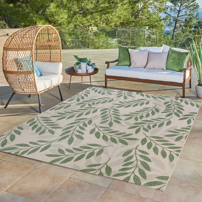 Gertmenian Solterra Nautical Coastal Tropical Weather Resistant Polypropylene Flatweave Indoor/ Outdoor Area Rug Collection - Ramo Palm - 8'9"x13'1"