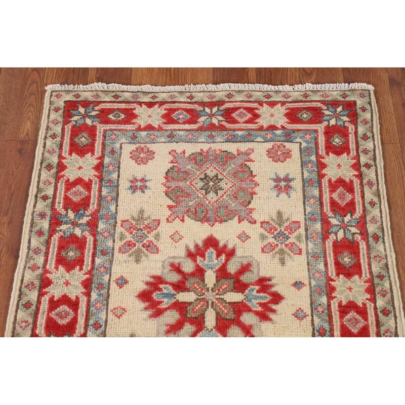 Geometric Kazak Oriental Runner Rug Handmade Beige Wool Carpet - 2'0" x 5'9"