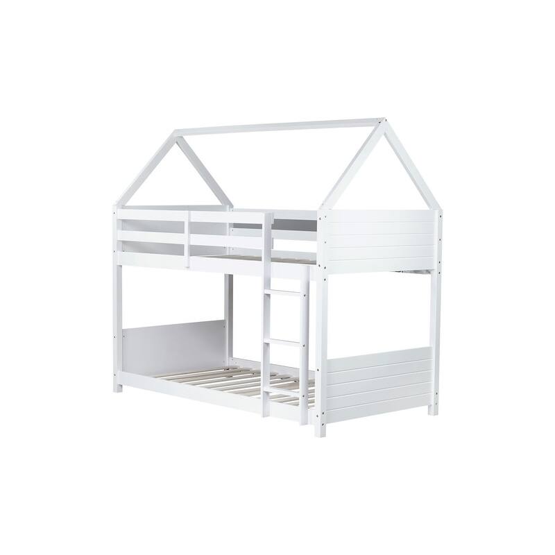 Twin Over Twin House Floor Bunk Bed with Headboards, Footboards and Guardrails, Ladder