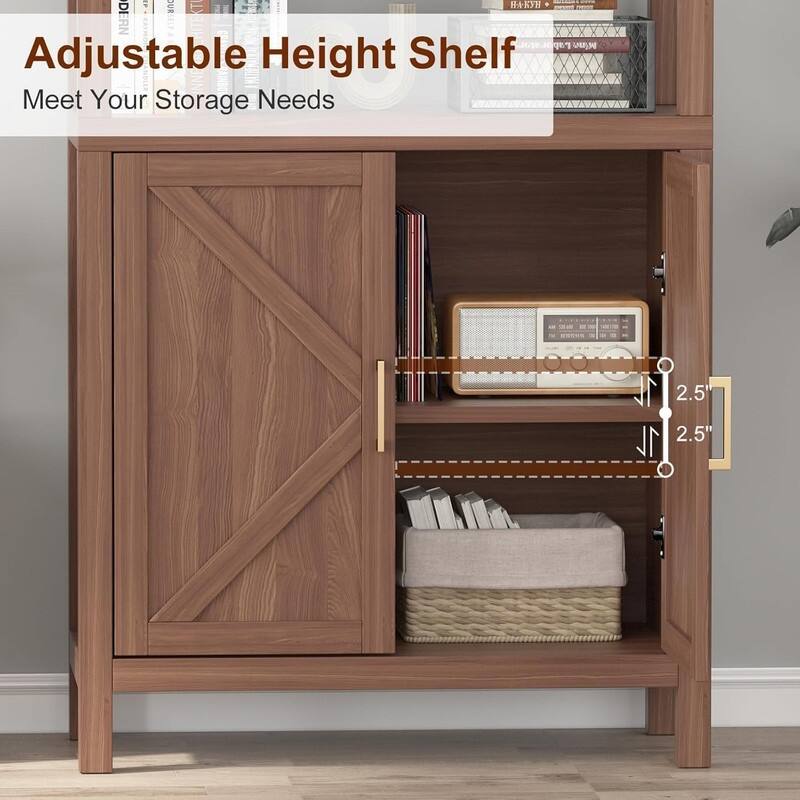 71" Tall Wooden Bookshelf with Adjustable Shelves and Cabinet Door Storage Bookcase