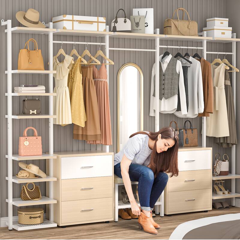 96'' Closet Organizer System with 6 Drawers, Clothing Rack Wardrobe Closet Garment Rack for Walk In Closets
