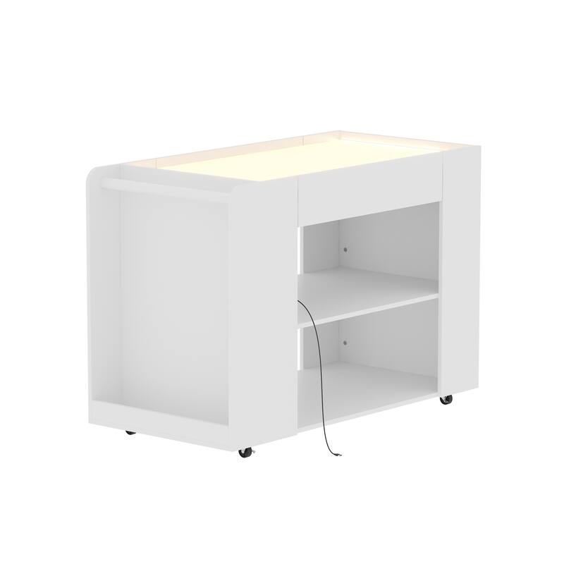 LED Kitchen Island with Tempered Glass Top, Rolling Storage Cabinet with 3-Color Lighting