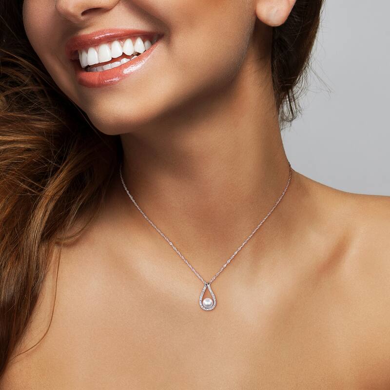 Miadora Cultured Freshwater Pearl and 1/10 CT TW Diamond Raindrop Pendant with Chain in 14k White Gold - 17 in x 18 mm x 10.5 mm