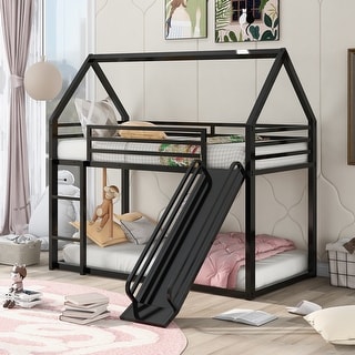 Twin over Twin House Bunk Kids Bed with Slide & Ladder, Whimsical Playhouse Design, Sturdy Metal Frame, Easy Assembly, Black