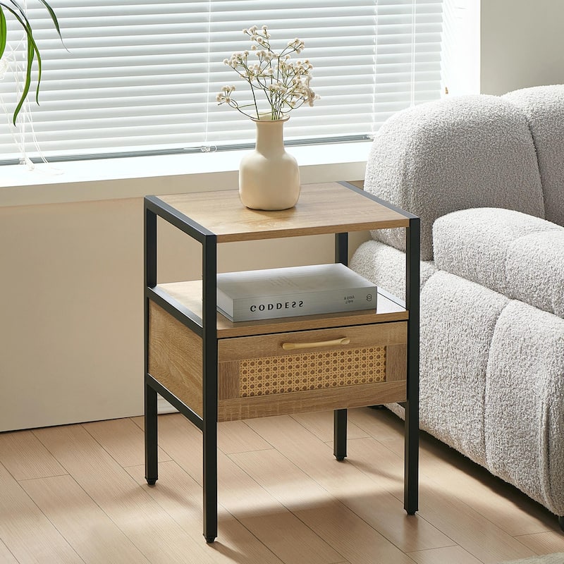 Rattan Woven Nightstand with Multi-functionality