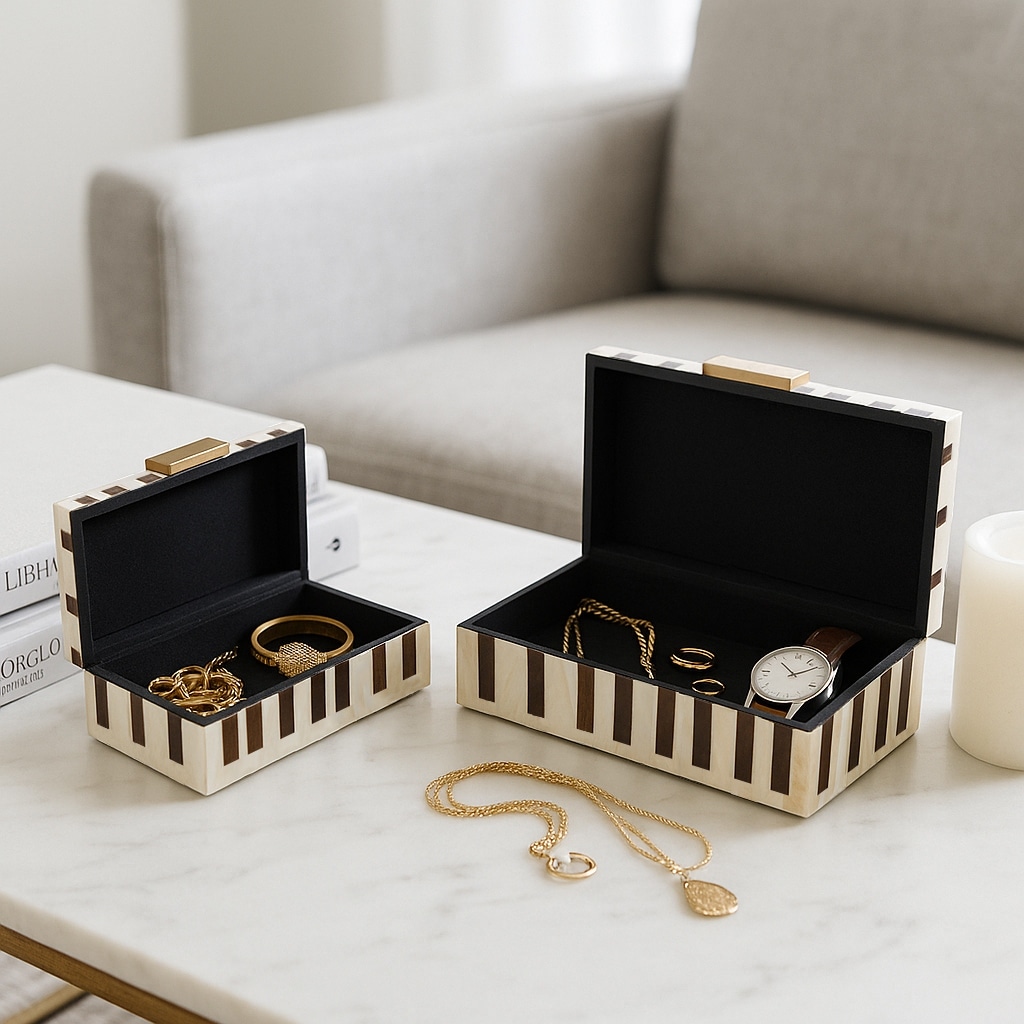 Resin Wood Decorative Boxes Modern Glam (Set of 2) - 4" & 3" Brown - 14" x 8.25" x 4.25"