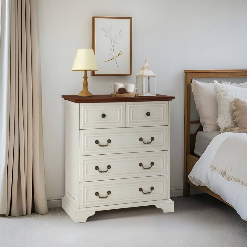 5-Drawer White Rustic Wide Dresser Farmhouse & Modern Design with Roman Column Handles and Beveled Edges