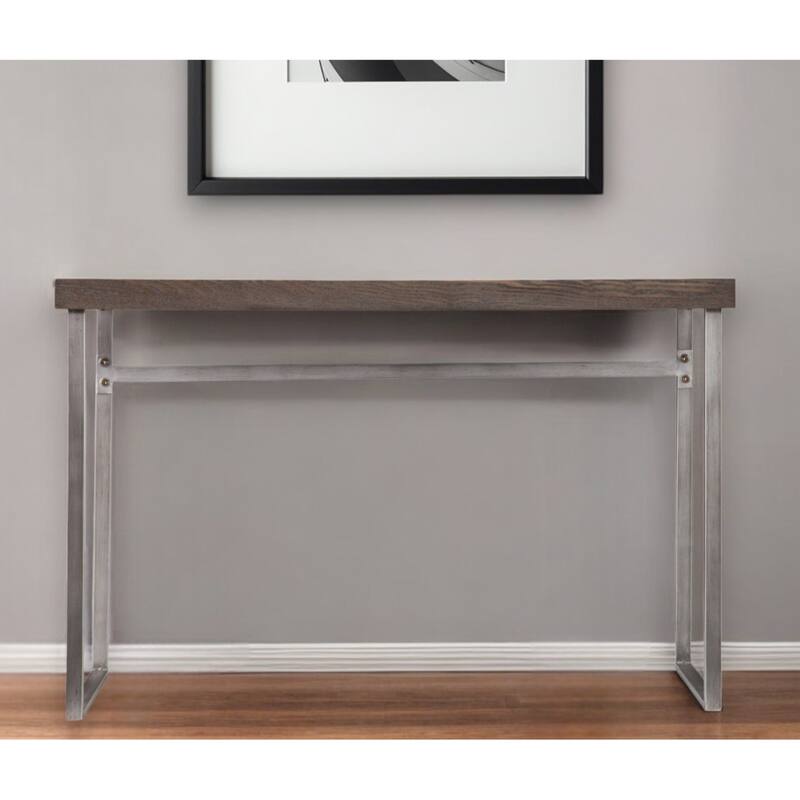 Grey Brown Wood Console Table and Silver Metal Sled Base - 46” L x 18.25” W x 30” H