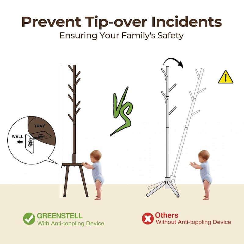 Coat Rack, Wooden Coat Rack Freestanding with Shelf, Coat Tree with 4 Height Options 50.5"-72.6"Hanger Stand