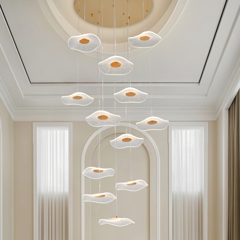 Gold Spiral Lotus Chandelier Dimmable Modern LED Pendant Light High Ceiling Chandeliers for Villa Staircase Entryway