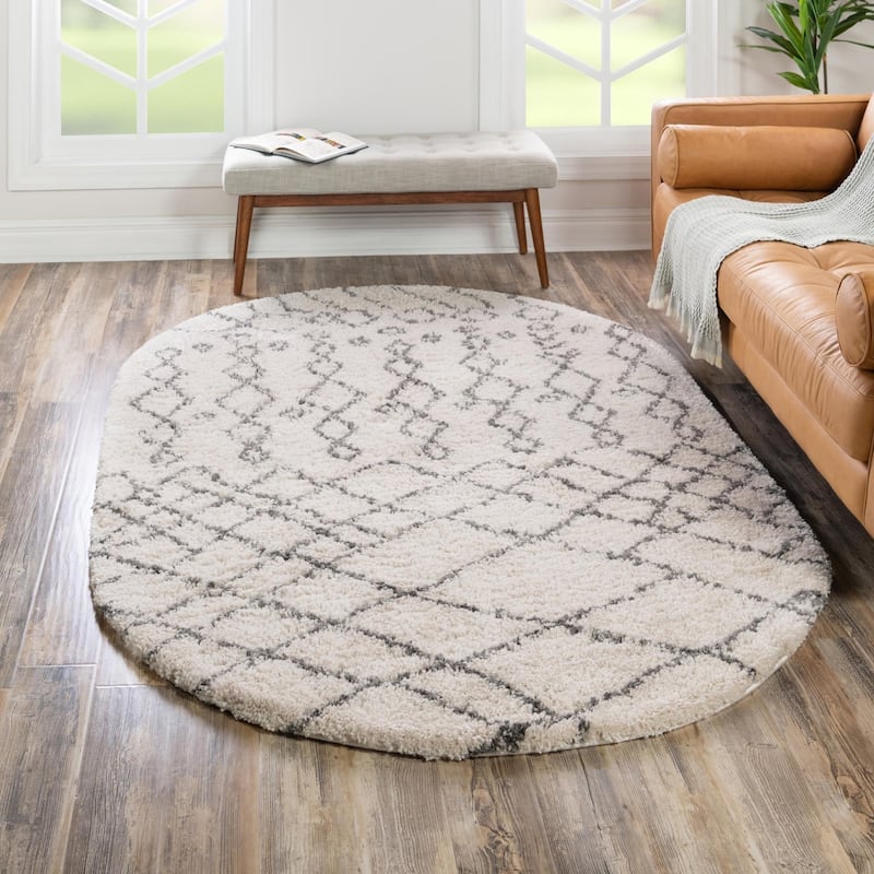 Shag Shoploni Collection Area Rug - 5'3"x8' Oval - Pure Ivory